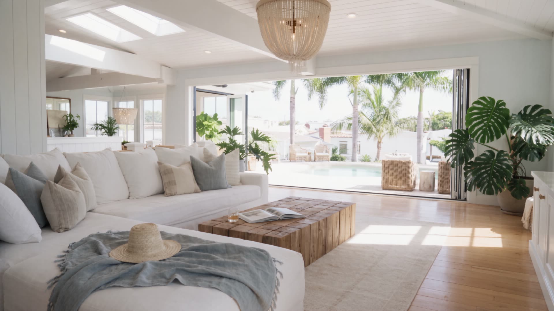 Living room of a remodelled Miami house open to the terrace and the pool