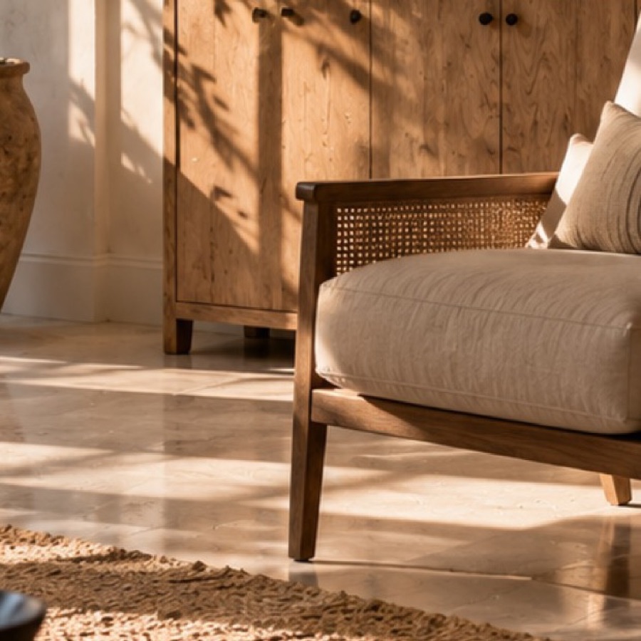 Cane-back lounge chair in oak and natural linen