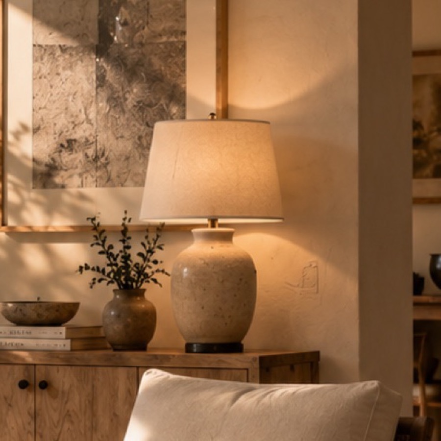 Glazed ceramic table lamp with a linen shade